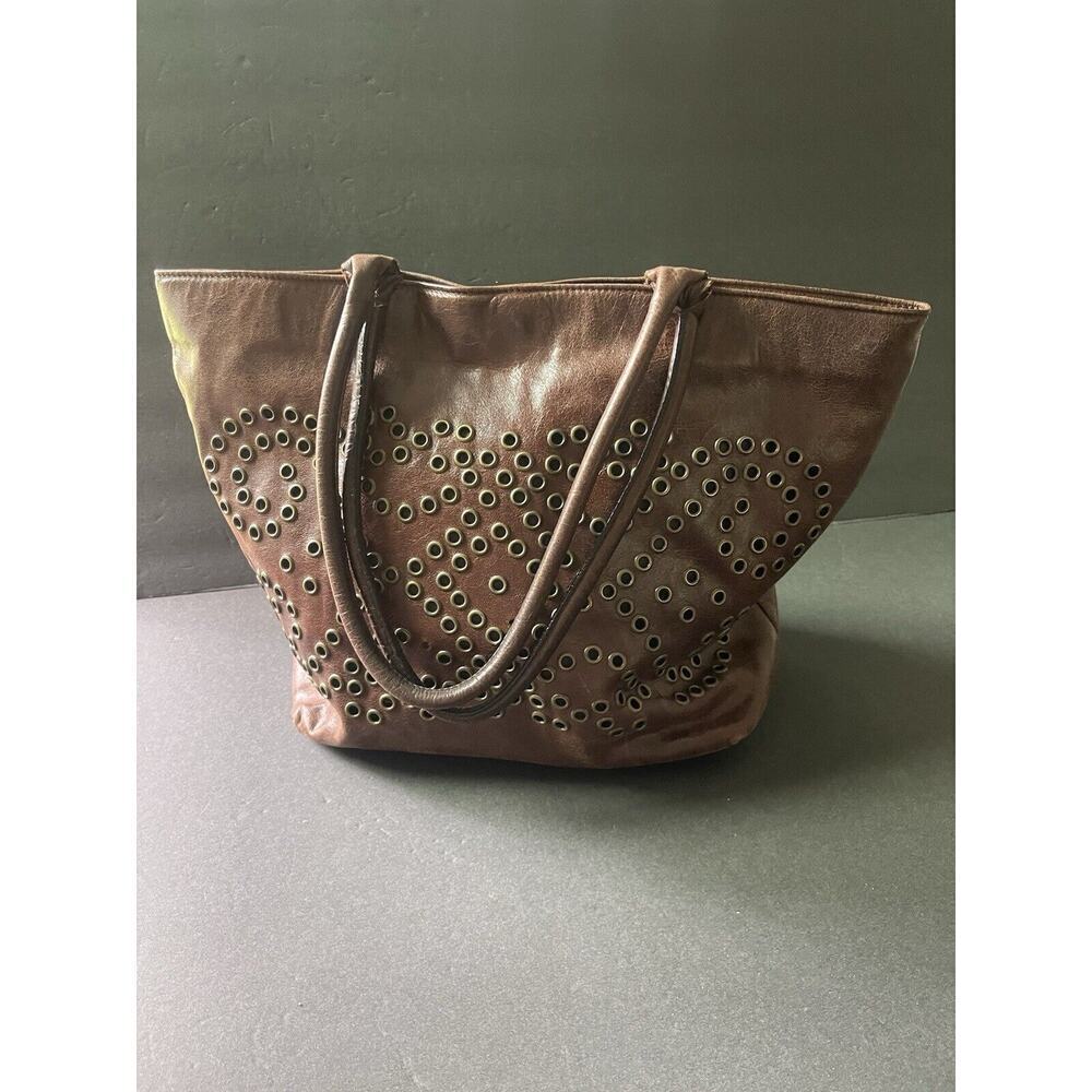 Berge Vtg Italian Leather Shoulder Bag Handbag Grommets Brown Satchel Purse Boho